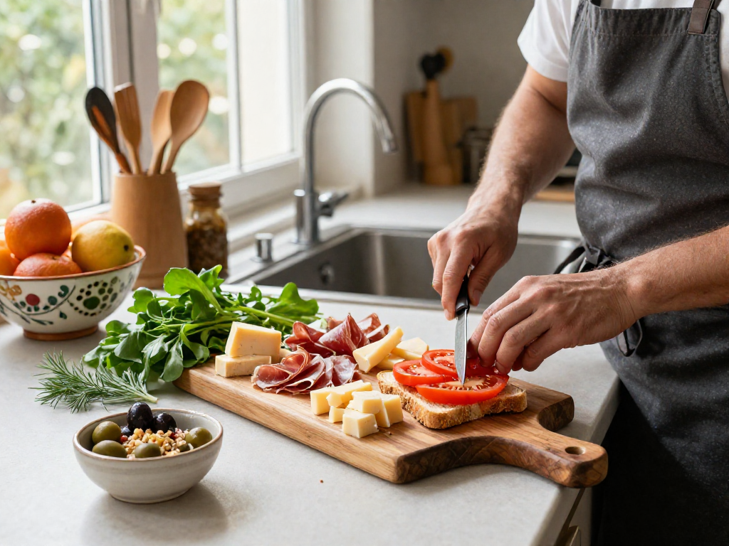 Home cook preparing gourmet sandwiches on a wooden board, showcasing various fresh ingredients and a cozy kitchen setting, highlighting food preparation skills.