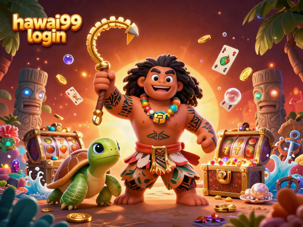 Immerse in the hawai99 login experience with a vibrant 3D casino illustration featuring adventurous gaming elements.