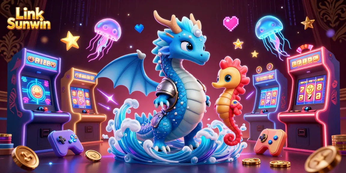 Engage with thrilling Link Sunwin casino games featuring a dynamic dragon, colorful arcade elements, and vibrant visuals.