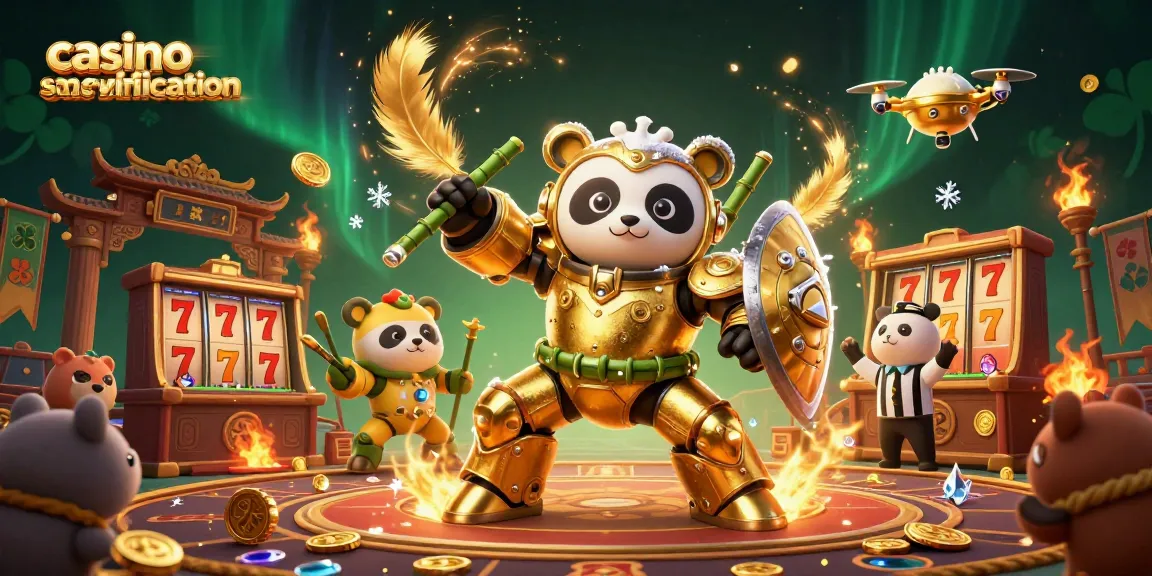 Visualisez un affrontement épique dans un casino sans vérification avec un panda doré en armure pilotant un robot de combat.