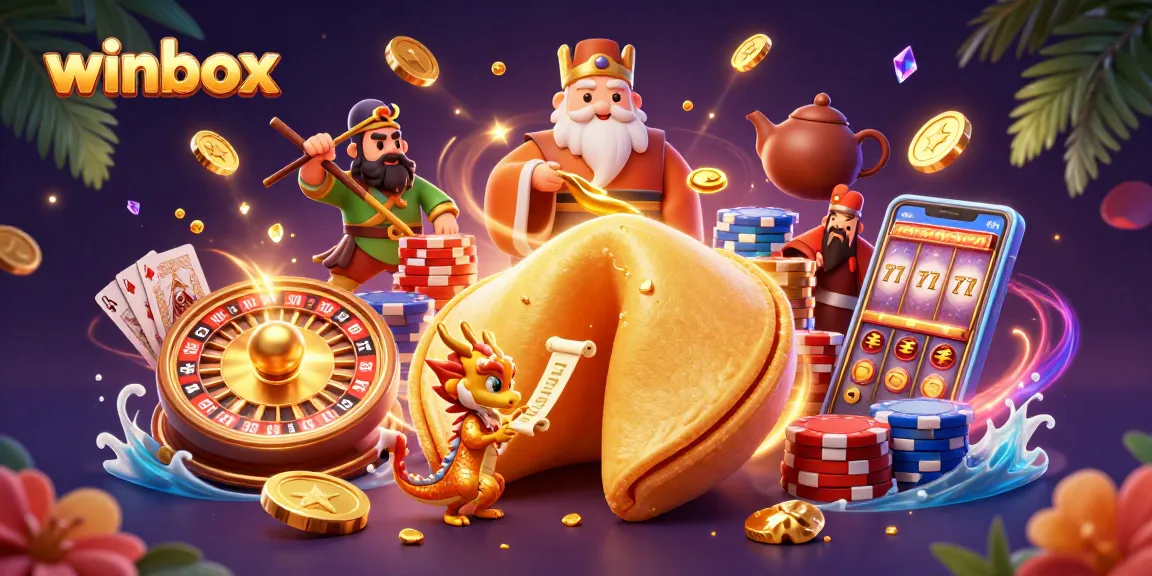 Winbox casino illustration featuring golden items, slot reels, and a wise dragon in a vibrant scene.