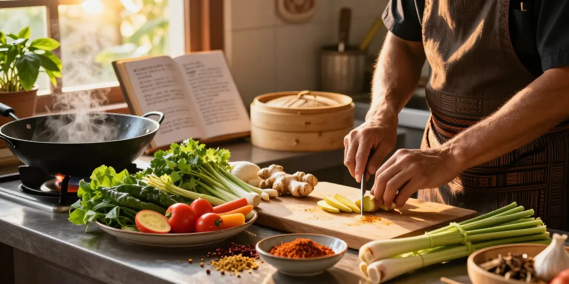 Cooking ingredients in a Thai kitchen with fresh veggies, highlighting สล็อต flavors.