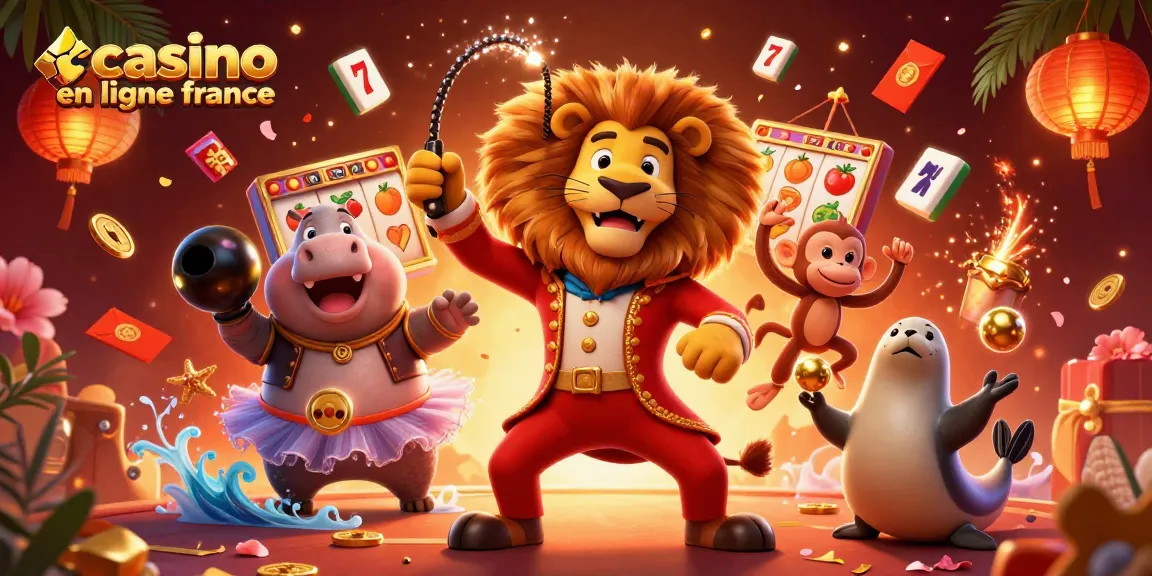 Animations d'un casino en ligne France, avec un lion maître de cérémonie et des éléments de jeux lumineux.