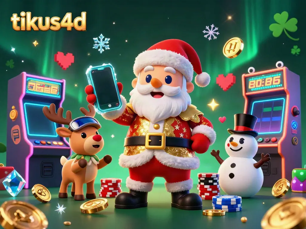 Experience jackpot fun with tikus4d at a vibrant casino scene featuring a festive Santa and friends.
