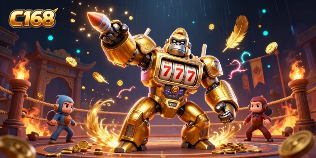 C168's dynamic gorilla mech with game elements is ready to engage players in exciting casino action.