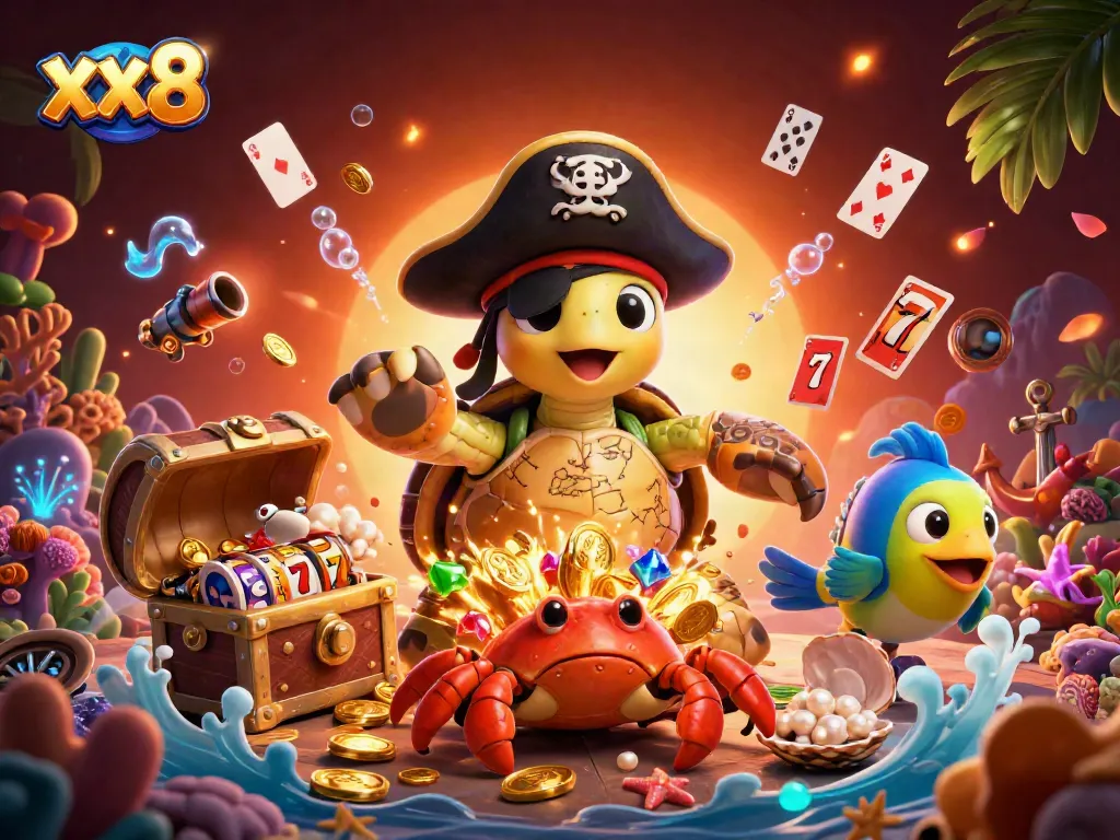 Engage with thrilling slots at xx8, featuring vibrant casino characters amidst treasures and jackpots.