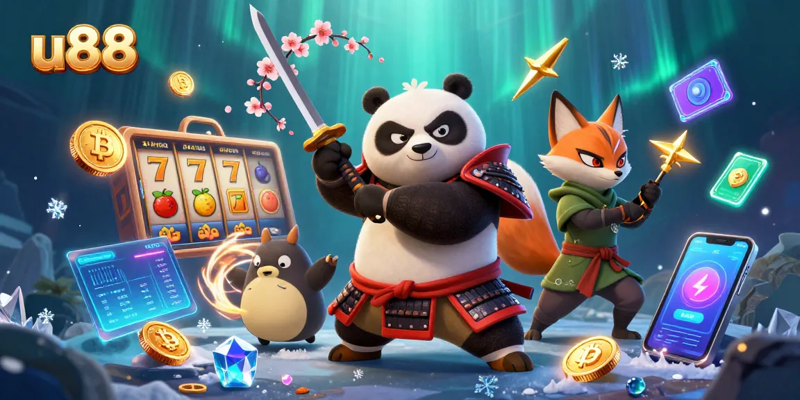 The u888 platform offers an exciting gaming experience with samurai panda and ninja fox in a vibrant digital casino atmosphere.