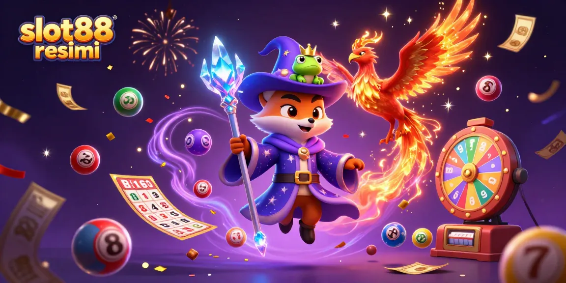 Experience the magic of slot88 resmi with a vibrant scene featuring wizards and lottery elements.