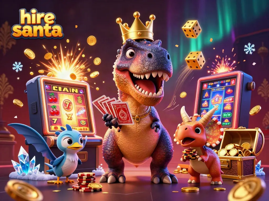 Hire Santa with a friendly T-Rex and dino characters in a festive casino scene.