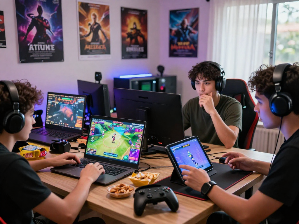 Players enjoying engaging porn games on various devices in a vibrant gaming setup.