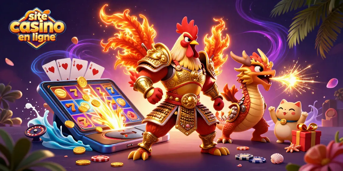 Engagez-vous sur le site casino en ligne avec un combat épique entre un coq guerrier et un dragon, entourés de nombreux jeux.
