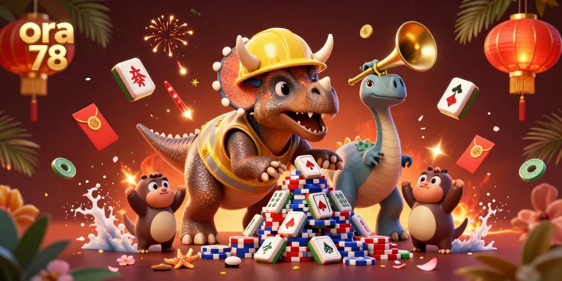 Permainan kasino yang menarik di ora 78 dengan triceratops membangun tumpukan chip poker.