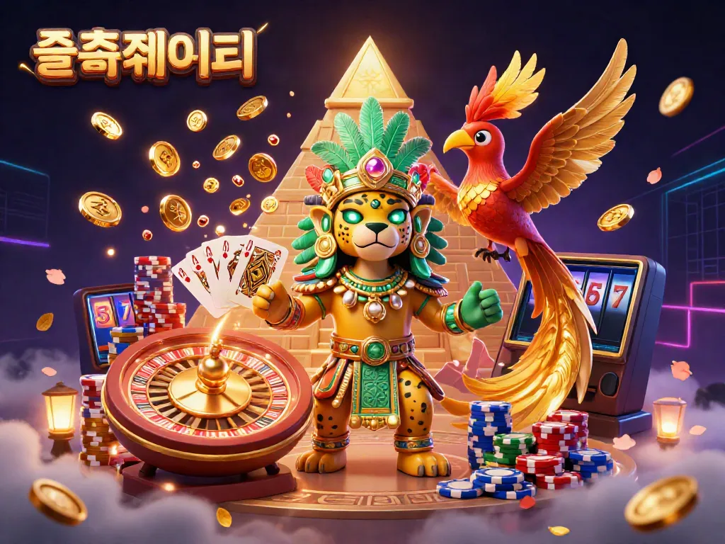 Experience thrilling slots at 슬롯사이트 with vibrant casino elements, cascading coins, and dynamic characters.