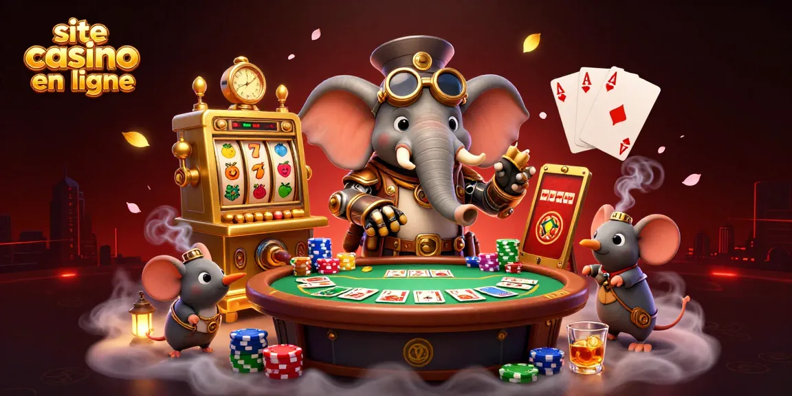 Gagnez gros sur un site casino en ligne avec un ingénieur éléphant steampunk, machines à sous et cartes de poker.