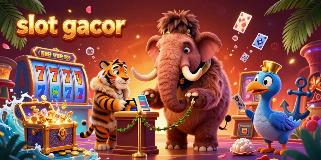 Experience the excitement of slot gacor with a vibrant casino scene featuring unique cartoon characters and dynamic game elements.