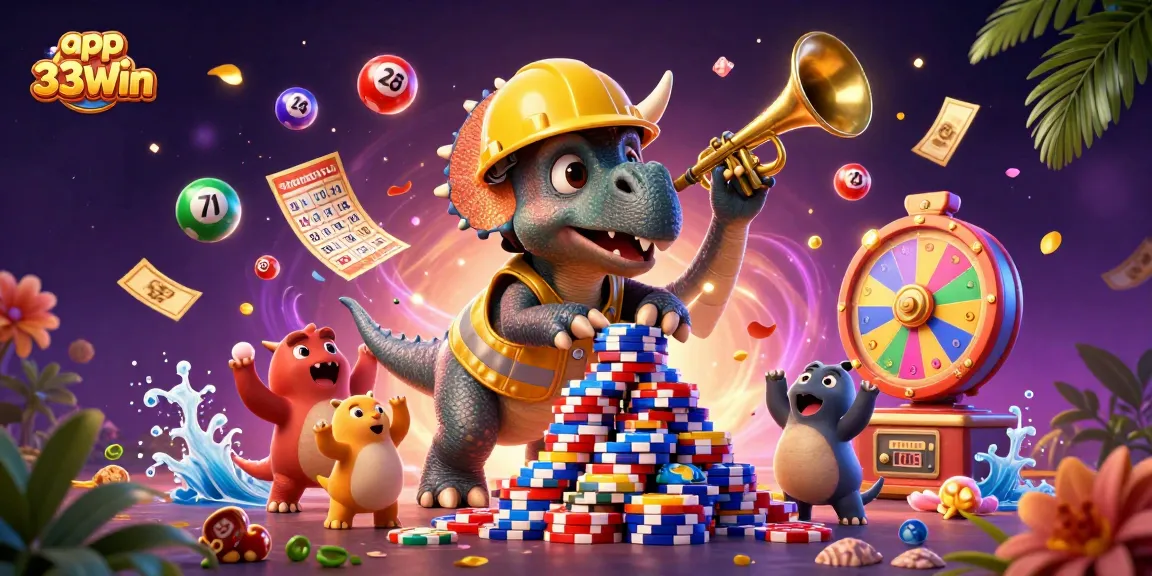 Engage with the app 33Win featuring fun characters and vibrant lottery elements in a colorful casino scene.