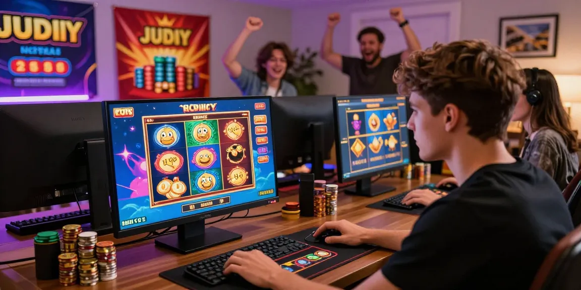 Engaged player enjoying judi slot games online in a vibrant casino setup.