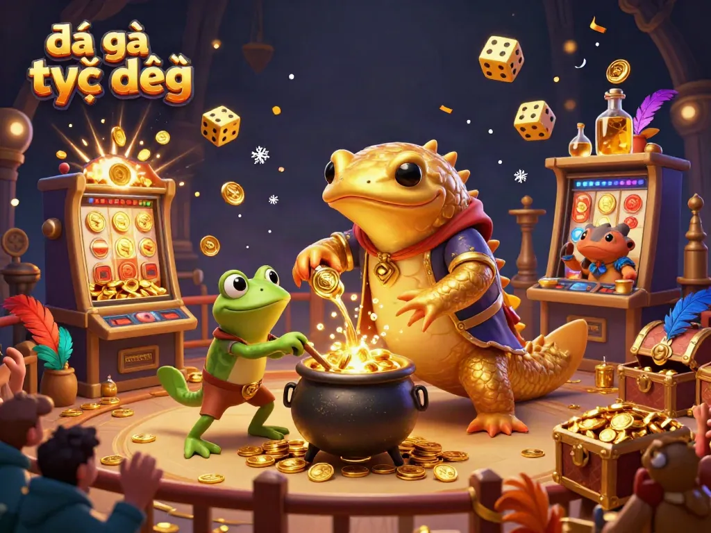 Engage in đá gà trực tiếp with an enchanting 3D scene featuring alchemists and vibrant cockfighting elements.