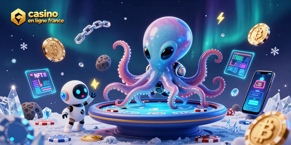 Jouez au casino en ligne France avec un octopus extraterrestre et un robot dans cette scène ludique.