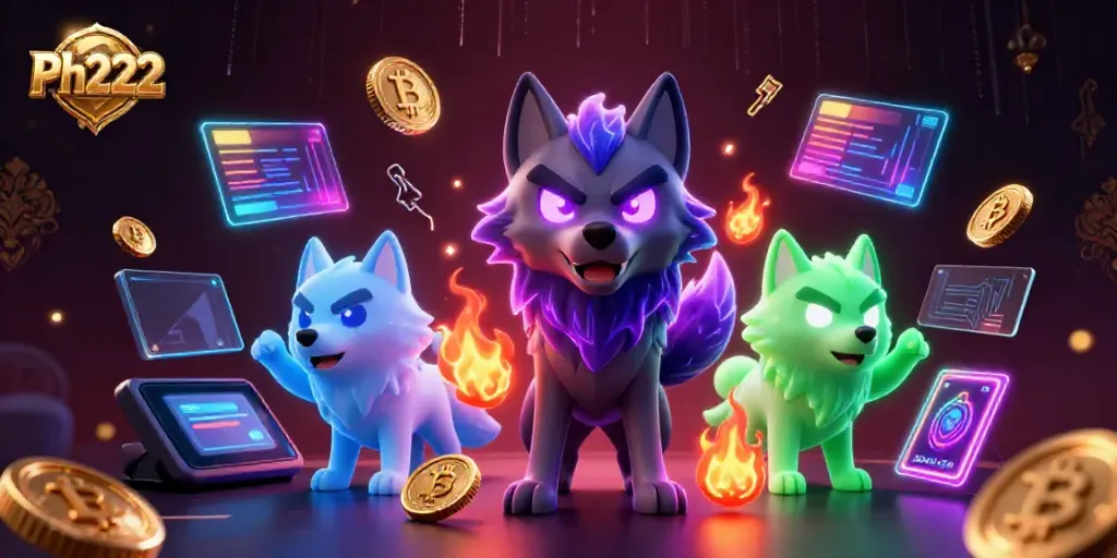 Engage with exciting Ph222 games featuring glowing wolf characters and crypto elements in an electrifying casino scene.