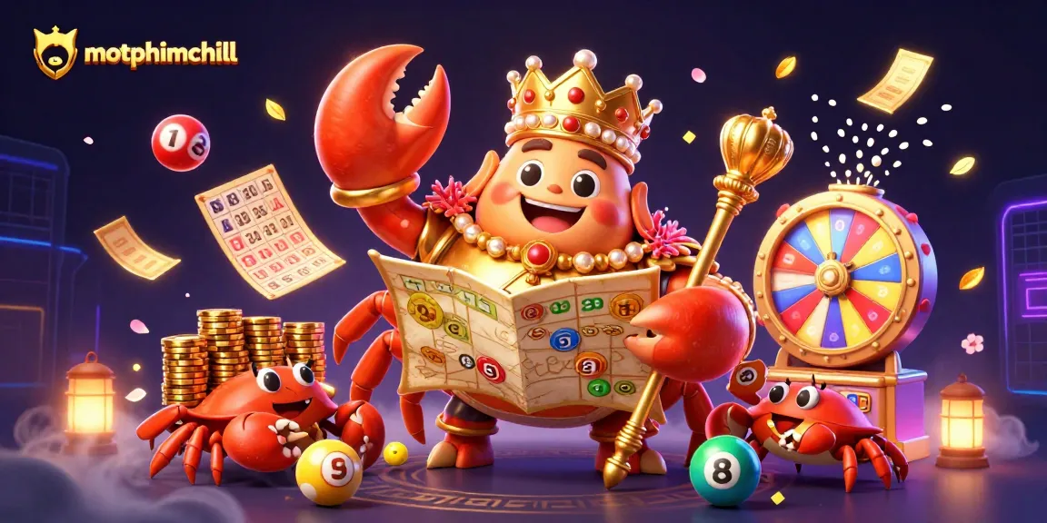 Experience thrilling games with motphimchill as a golden crab emperor leads the casino world, surrounded by dynamic lottery elements.