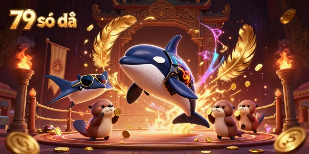 Immerse in the vibrant action of 79 số đỏ with orca, stingray, and otters in a casino-themed scene.