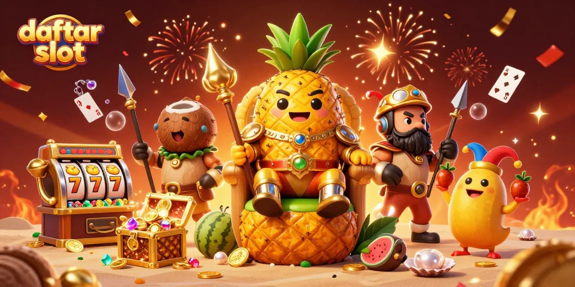 Engage with the latest daftar slot action, featuring a vibrant scene of golden characters surrounded by slot reels and treasures.