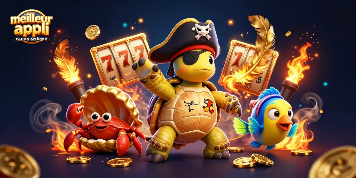 Découvrez la meilleure appli casino en ligne avec un personnage de tortue pirate et des éléments de jeu dynamiques.