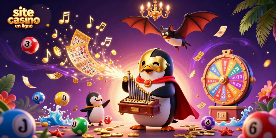 Site casino en ligne : une illustration dynamique d'un manchot opératique et des éléments de jeu colorés.