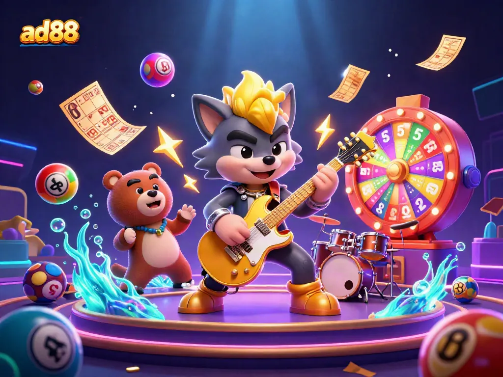 Experience the thrill at ad88 with rock star wolf and drummer bear on a vibrant casino stage.