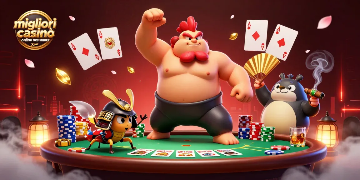 Migliori casinò online non AAMS: scena vibrante con rooster sumo, cricket guerriero e tanuki presentatore in un ambiente di gioco dinamico