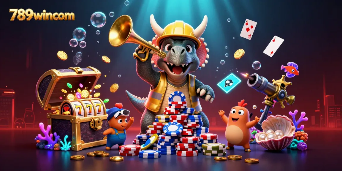 Join the celebration at 789wincom with cartoon dinosaurs building a pyramid of poker chips.