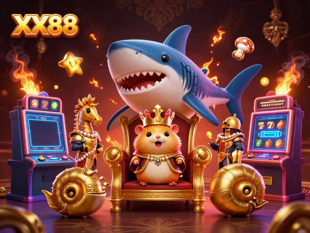 Engage in thrilling slots at XX88 with a lively cartoon scene featuring a hamster king and gold elements.