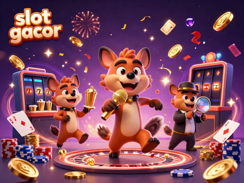 Visualize slot gacor fun with hyenas in a vibrant casino scene surrounded by golden elements.