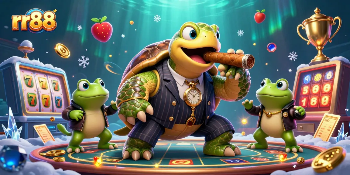 Experience rr88's vibrant casino atmosphere with a turtle mobster and dynamic slot elements.