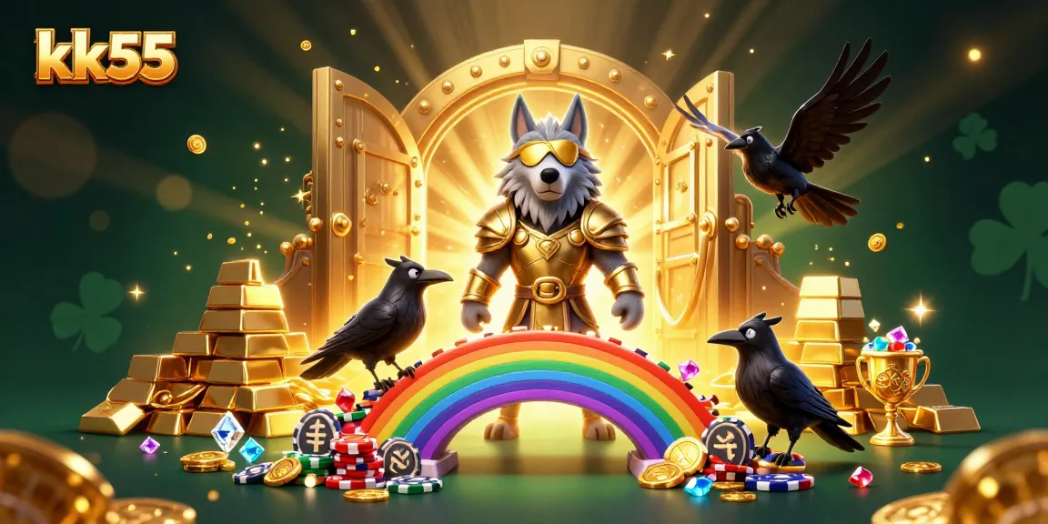Immerse in kk55's gaming paradise with Odin and ravens on a casino chips bridge.