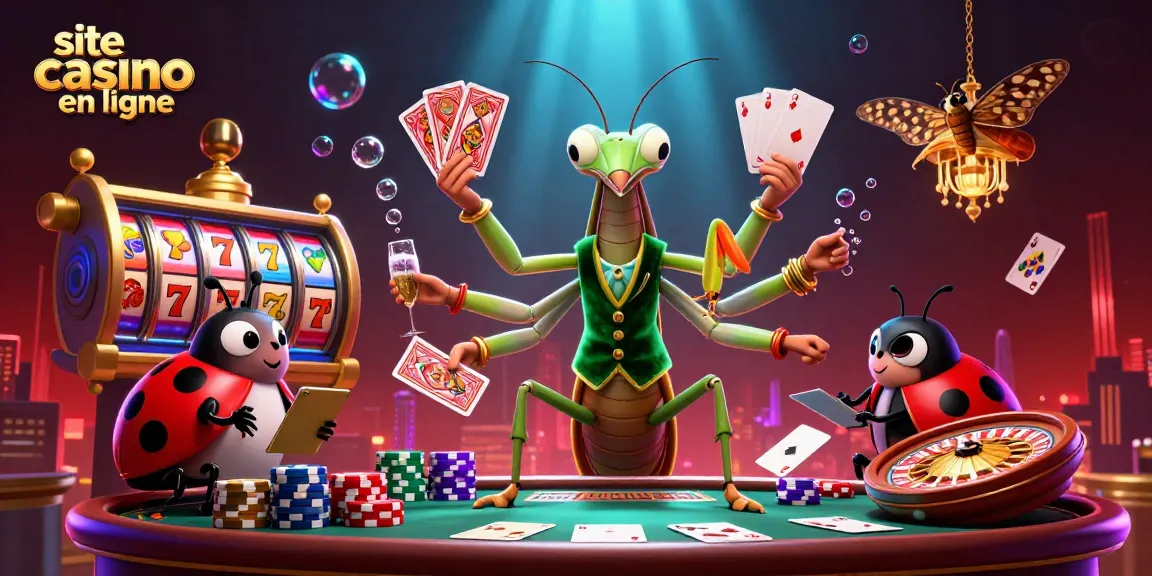 Illustration 3D d'un site casino en ligne avec un mante religieuse et un croupier, ambiance festive.