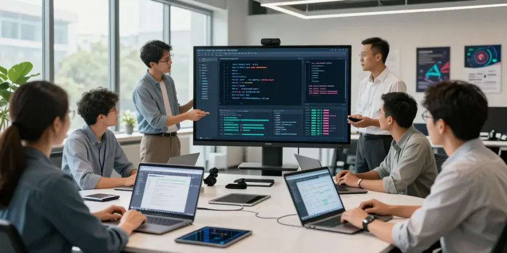 Team collaborating on enterprise AI development in a modern office