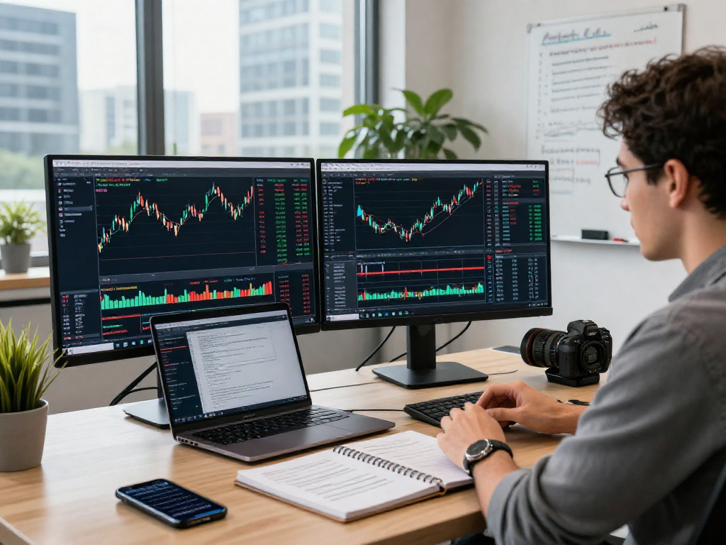 Trader using metatrader 5 on dual monitors with financial charts and market data in a modern office.