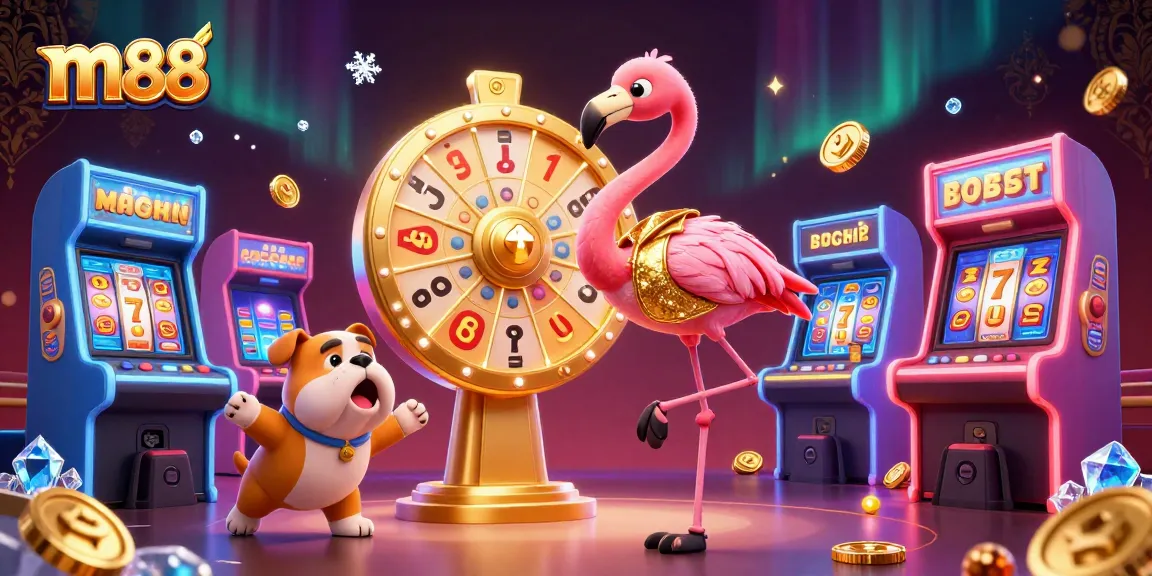 Experience m88 excitement with a 3D game show host, bulldog contestant, and colorful casino elements.