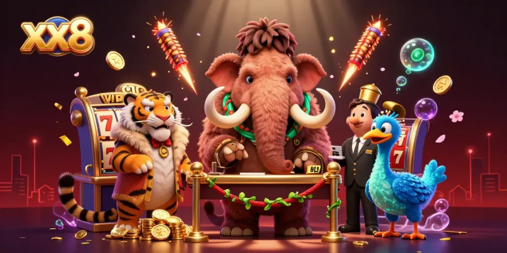 Engage in thrilling casino experiences with xx8 featuring a woolly mammoth bouncer, VIP saber-tooth guest, and dynamic slot elements.