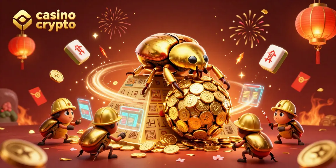 Le casino crypto intègre un scarabée doré et des éléments blockchain, créant une scène vibrante.