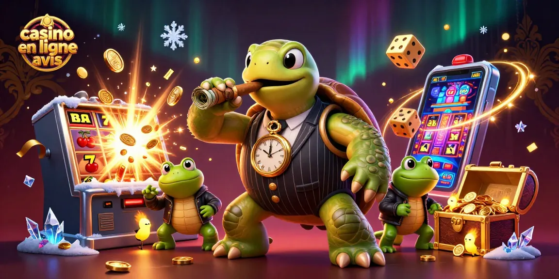 Image représentant l'avis sur les casinos en ligne avec un mobster tortue et des grenouilles en uniforme.