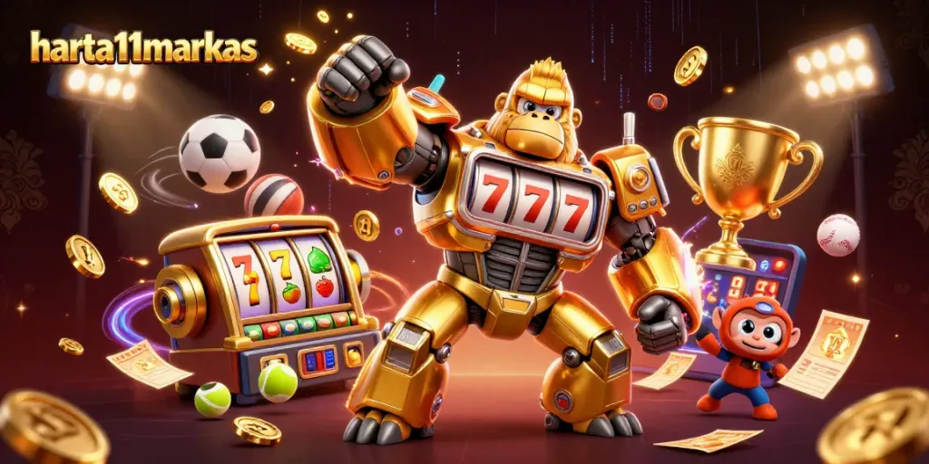 Experience thrilling wins with harta11markas illustrated in a vibrant 3D casino scene filled with excitement.
