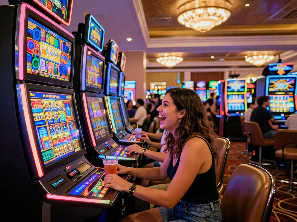 Excited player enjoying a vibrant slot game experience in a modern casino