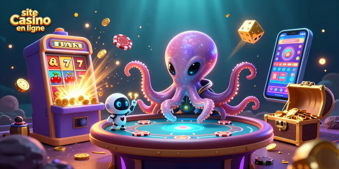 Visitez le site casino en ligne pour découvrir une scène de jeu captivante avec un octopus extraterrestre et des machines à sous.