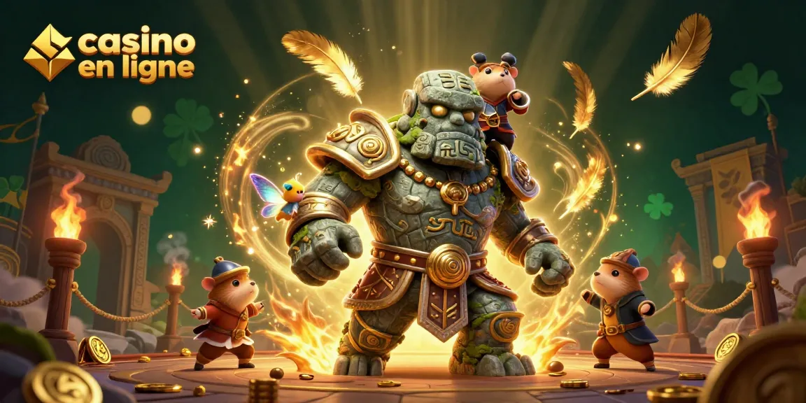 Gagnez avec un casino en ligne grâce à cette illustration captivante d'un golem guardian et ses compagnons animés.