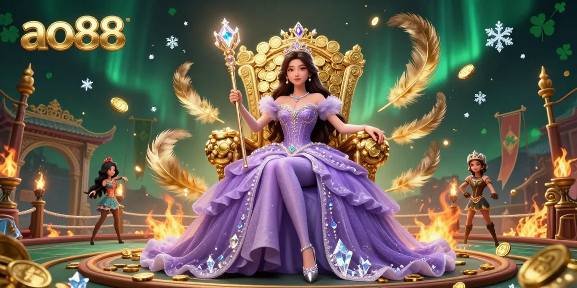 Engage with ao88 through an enchanting casino princess scene filled with gold coins and vibrant elements.