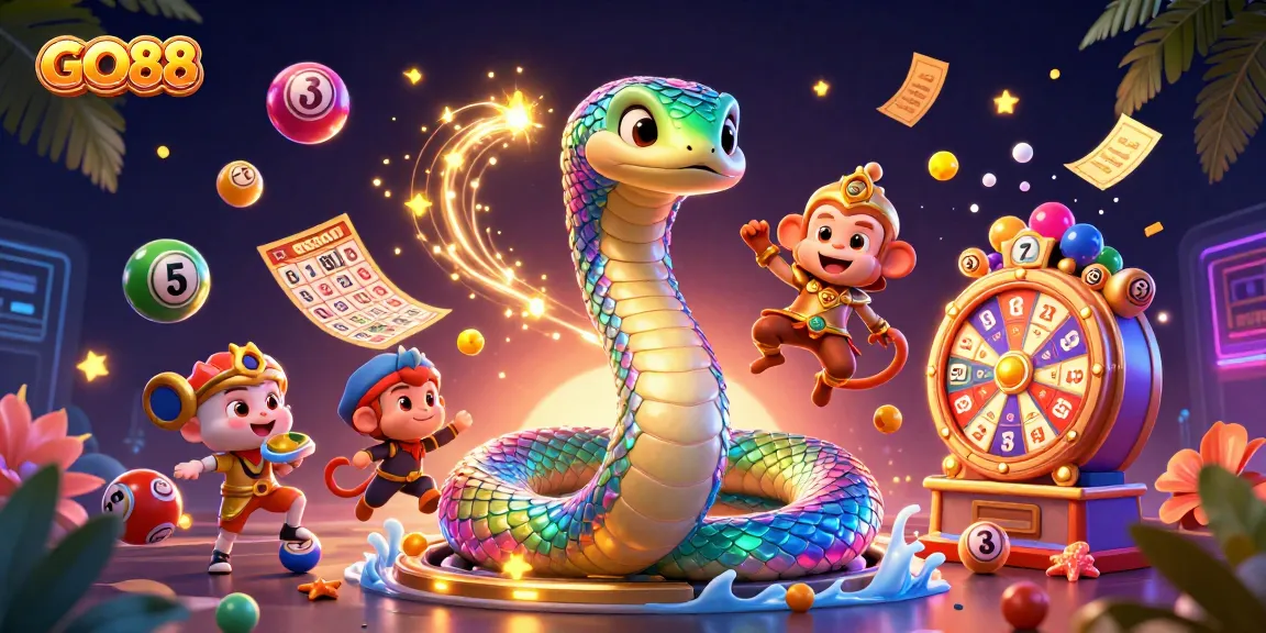 Engage with GO88's colorful gaming scene featuring vibrant lottery elements and characters.