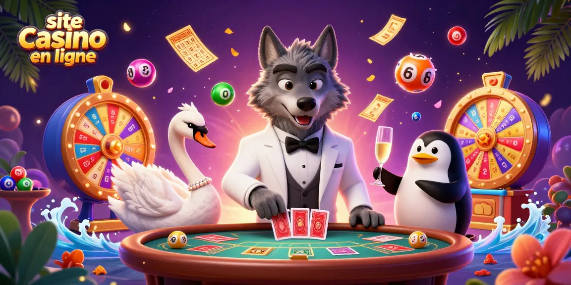 Le site casino en ligne présente un loup élégant au baccarat, des cartes et des bulles colorées.